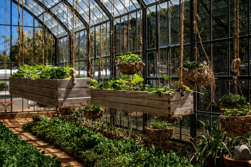 Vertical kitchen garden layout with hanging planters and wooden boxes growing fresh greens