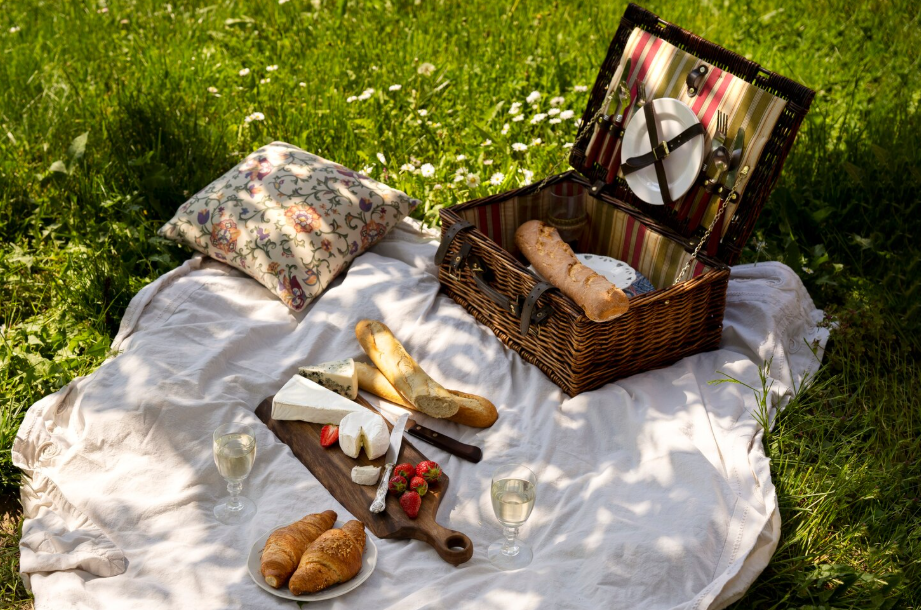 Perfect picnic gear with wicker basket, fresh bread, cheese, fruit, and wine glasses set on a blanket in the grass.