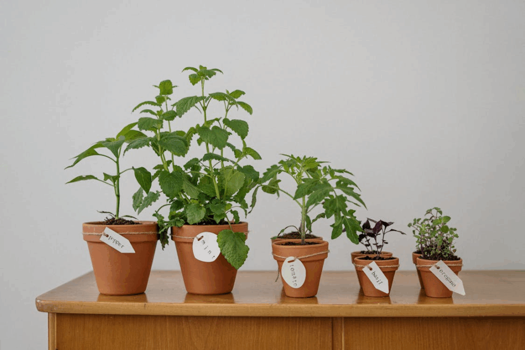 Potted herbs including mint, basil, and oregano labeled in terracotta pots for everyday cooking.