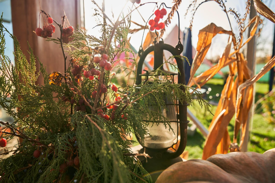 DIY seasonal porch swag with evergreen branches and red berries beside a rustic lantern for a festive entryway display